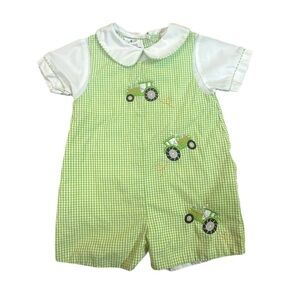 Petit Ami Shortall Green Gingham Short Sleeve Embroidered‎ Tractors Sz 12 Months